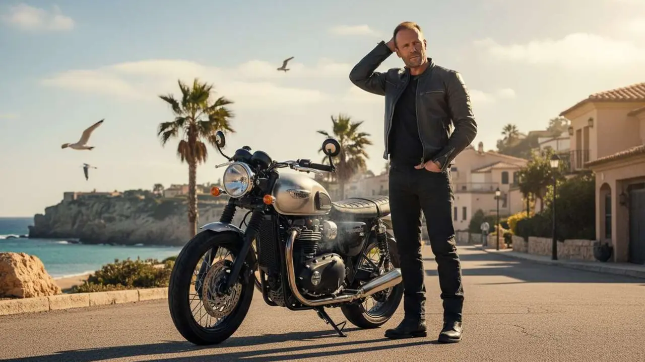  Jason Statham disfrutando de una moto Triumph cl&aacute;sica que representa innovaci&oacute;n y estilo en el mundo de las motocicletas - Imagen generada por IA 