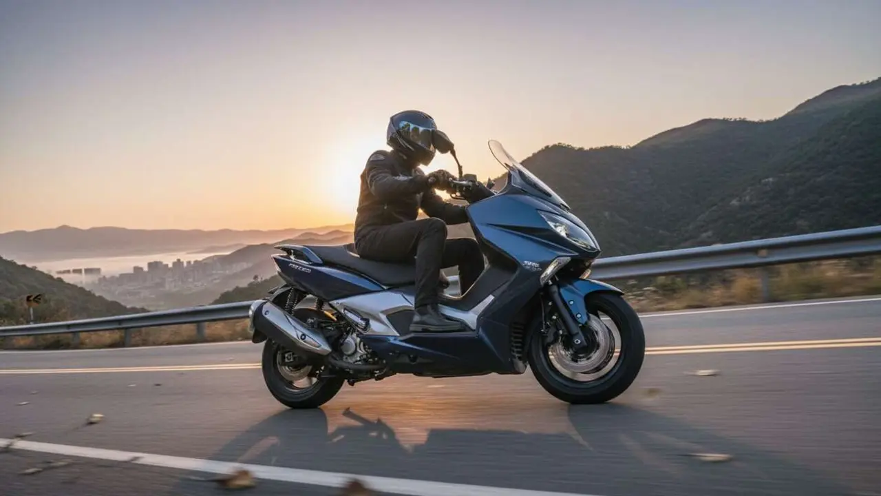  Kymco AK 550 destacado en primer plano mostrando su dise&ntilde;o elegante y potencia en scooters el&eacute;ctricos de lujo - Imagen generada por IA 