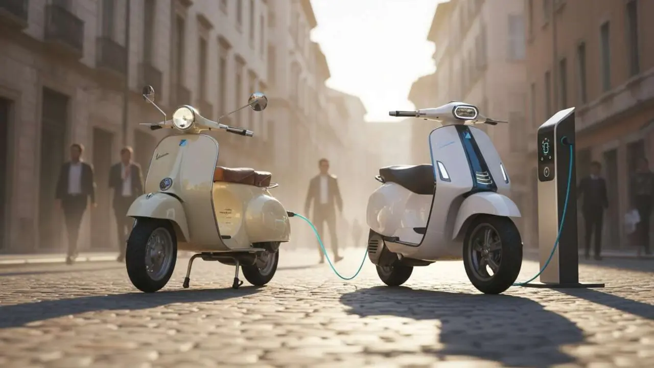  Vespa evoluci&oacute;n de la scooter cl&aacute;sica a la moderna moto el&eacute;ctrica en un dise&ntilde;o innovador y sostenible - Imagen generada por IA 
