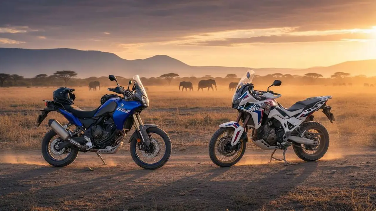  Yamaha T&eacute;n&eacute;r&eacute; 900 en acci&oacute;n mostrando su motor CP3 para aventuras off-road frente a la Honda Africa Twin - Imagen generada por IA 