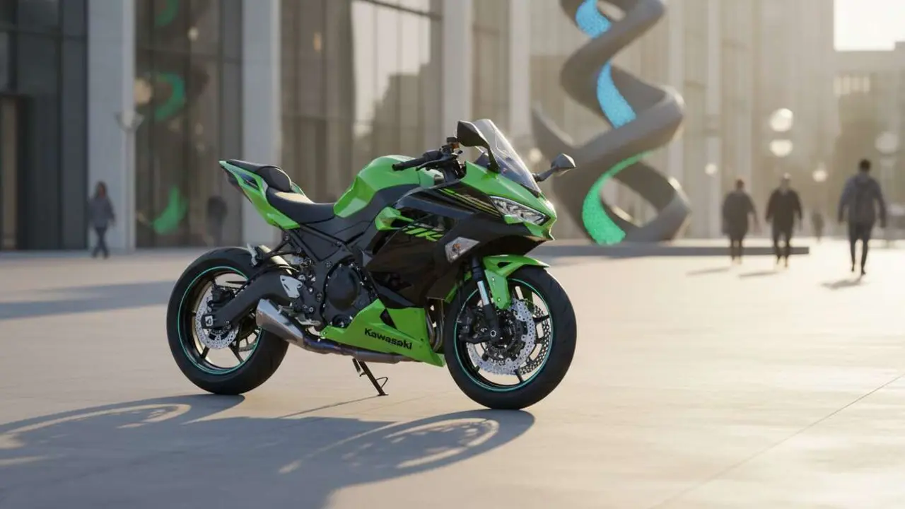  Kawasaki Ninja el&eacute;ctrica 2027 mostrando dise&ntilde;o sin cambios y caracter&iacute;sticas principales actualizadas - Imagen generada por IA 