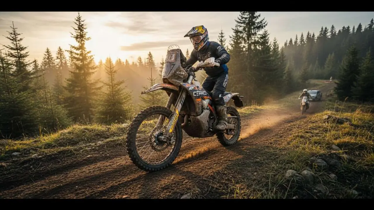  Mario Rom&aacute;n sobre la CFMOTO 450MT conquistando la carrera Romaniacs con t&eacute;cnica y resistencia excepcional - Imagen generada por IA 