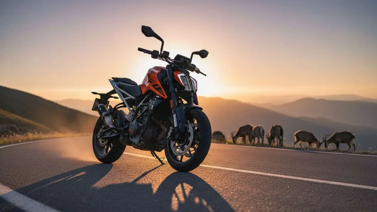  KTM 490 Duke naked bicil&iacute;ndrica en acci&oacute;n mostrando potencia superior a la KTM 390 en carretera abierta - Imagen generada por IA 