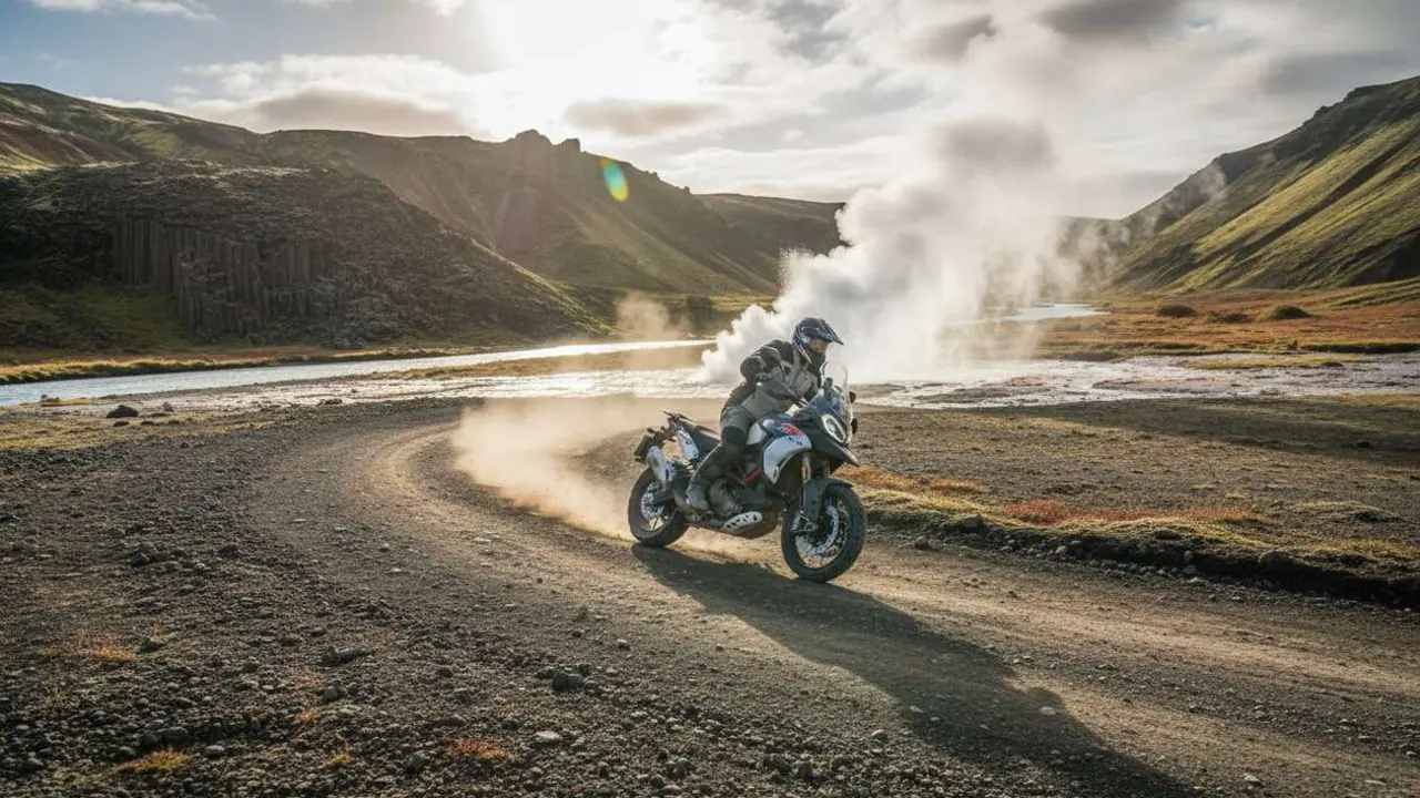 Ducati DesertX V2 superando una dura prueba de 1.500 km en terrenos extremos de Islandia - Imagen generada por IA 