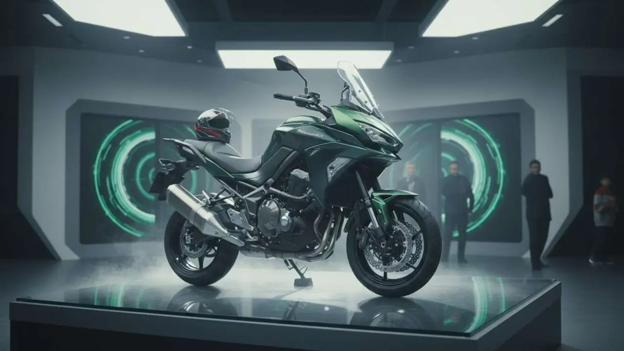  Kawasaki Versys 1100 2027 con motor cuatro cilindros y 135 CV potencia m&aacute;xima en nueva motocicleta deportiva - Imagen generada por IA 