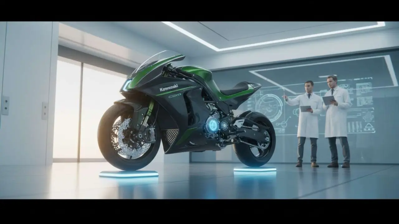  Kawasaki CORLEO la innovadora moto sin ruedas con motor 2T de hidr&oacute;geno que revoluciona la movilidad urbana - Imagen generada por IA 