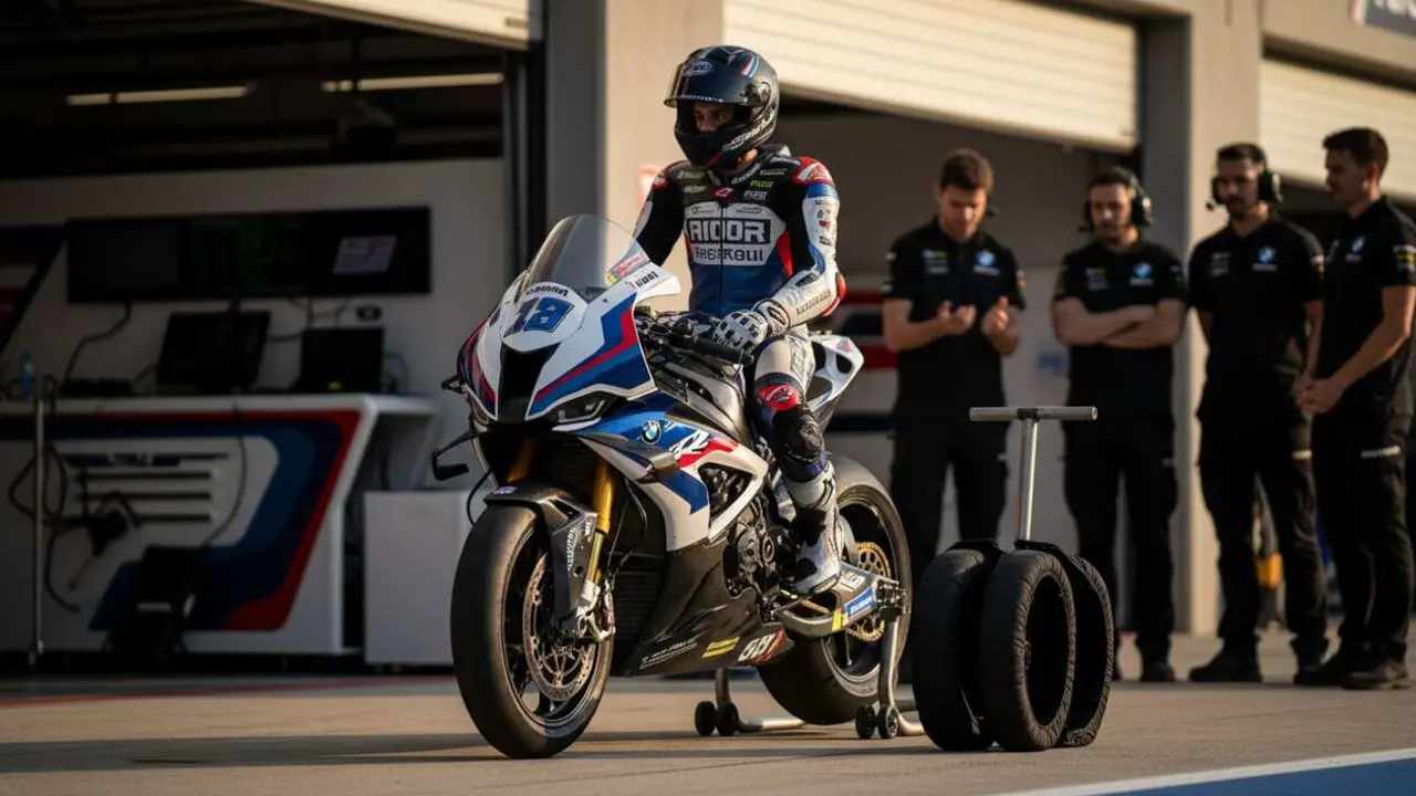  Miguel Oliveira celebrando la renovaci&oacute;n con BMW para el Mundial de Superbike 2027 con la moto oficial en competici&oacute;n - Imagen generada por IA 