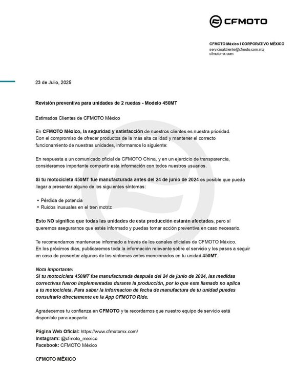 Comunicado de CF Moto