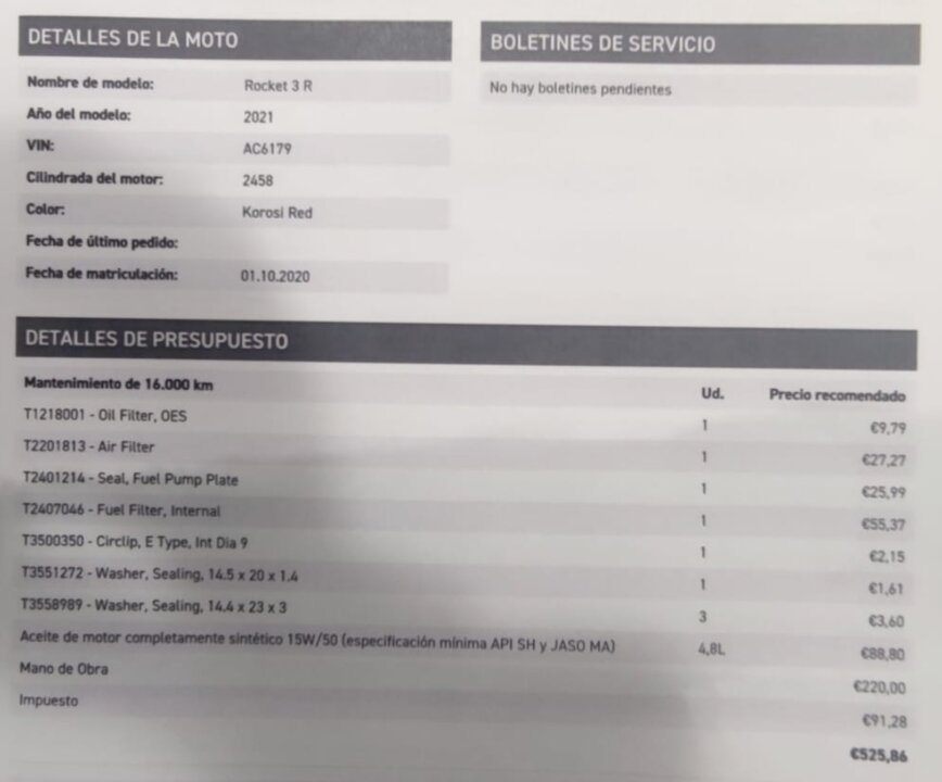 La factura de la Triumph Rocket