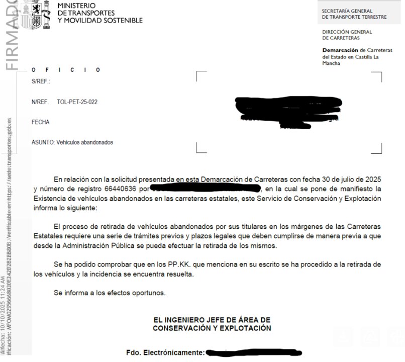 La respuesta del Ministerio de Transportes.