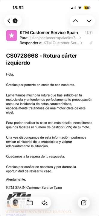 La respuesta vía mail de KTM